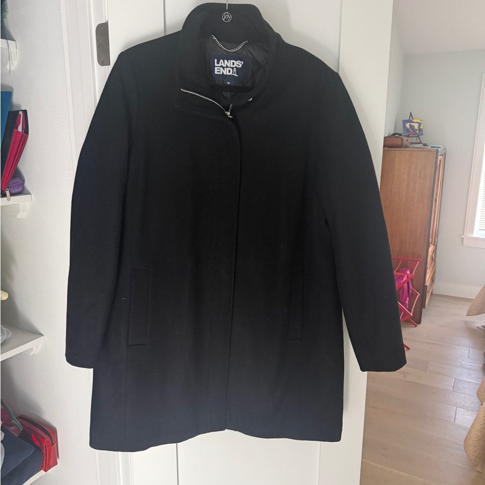 Lands' End Black Wool-Blend Trench Coat